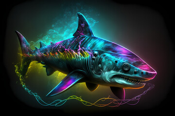 Poster - Neon fluorescent shark. AI generation.