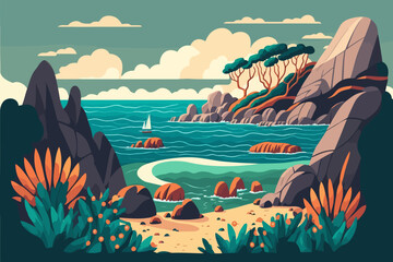 Wall Mural - coastal Summer landscape with sea, mountains and islands. Vector illustration