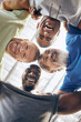 © S Fanti/peopleimages.com - Low angle, portrait or fitness huddle of men in workout gym, training exercise or healthcare wellness in bonding. Happy friends, mature or hug in sports teamwork, collaboration or diversity community
