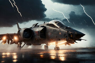 Military plane in a lightning storm. Generative AI. 