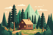 Wood Cabin. Wooden House In The Forest. Vector Illustration