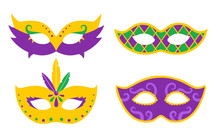 Vector Mardi Gras Set With Carnival Masks. Mardi Gras Mask Collection. Design For Fat Tuesday Carnival And Festival. Colorful Masquerade Illustration.