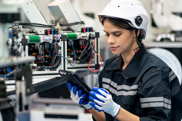 Quality control worker analyzing machine part in laboratory.