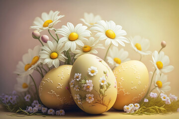 Wall Mural - Modern Easter Minimalism Egg and Flowers background. Generative AI