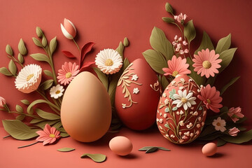 Modern Easter Minimalism Egg and Flowers background. Generative AI