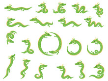 小さい緑色の龍のキャラクターのイラストセット
