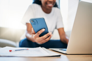 Aufkleber - Student, phone black woman hands on laptop for internet research, search or networking for university project. Education, hand or girl with smartphone for communication, social media or reading blog