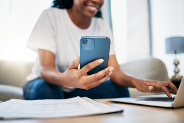 Aufkleber - Student, phone or black woman hands on laptop typing for internet research, search or networking for university project. Education, hand or girl on smartphone for communication, social media or blog