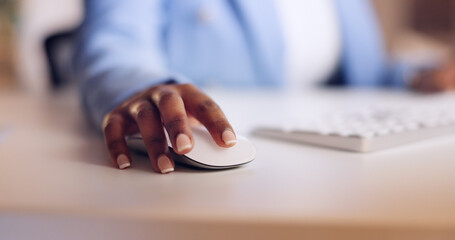 Poster - Search, mouse and hands of business woman at computer for communication, networking and news app. Technology, innovation and contact with black woman scrolling for website, internet and social media