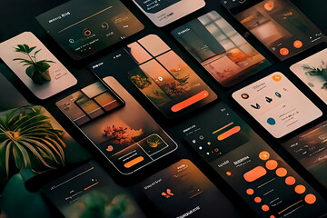Modern user interface design template. Conceptual mobile phone screen mock-up for application interface. Minimalistic, aesthetic, dark, orange, white, gray.