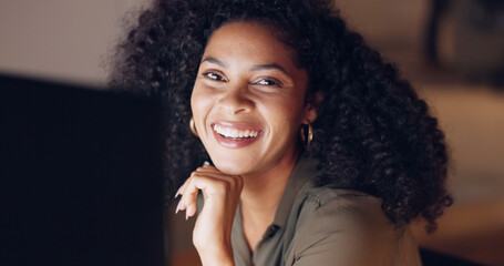 Poster - Night office computer, portrait and black woman face working, planning and marketing strategy in creative startup agency in Brazil. Smile, motivation and success of happy entrepreneur dark pc company