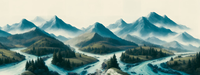 Canvas Print - Vast painting of mountains and rivers in watercolor style. Generative AI