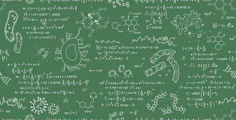 Wall Mural - Science education of bacteria and viruses on chalkboard seamless pattern.