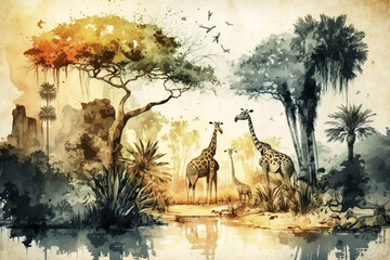  Watercolor painting style, high quality digital art, landscape on an African tropical jungle , Generative AI
