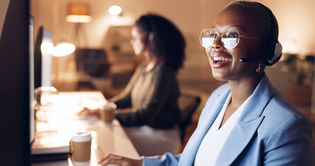 Poster - Call center, support and business woman at night, working on computer, overtime or evening shift. CRM, help and black woman talking to customer on headset. Consulting agent on customer service call