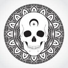 Black White Ornamental Circle Mandala With Skull