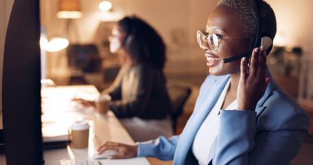 Poster - Call center, customer service and night shift black woman telemarketing consultant wearing headset at computer. Sales female in contact us and crm support talking during call working late with smile