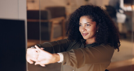 Canvas Print - Relax, office and woman with hands behind her head leaning in chair while working on computer. Success, stretch and African business manager on work break while doing management reports in workplace.