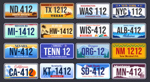Vehicle Registration Numbers In The USA. Abstract Beautiful License Plates For Different States Of America. Vector Illustration
