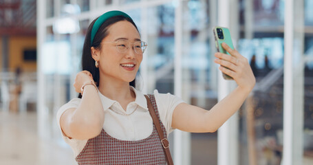 Poster - Selfie, phone and asian business woman smile in office for social media, marketing and employee happiness. Smartphone photography, happy management motivation and positive mindset success on mobile