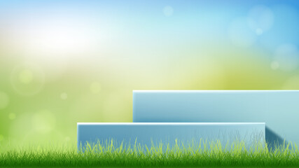 Wall Mural - 3d realistic blue podium pedestal stand on morning summer green nature blurred bokeh background