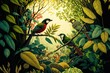 © FuryTwin - Exotic bird in the jungle. The jungle was a dense tangle of foliage. Generative AI.
