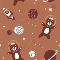 Wall Mural - Seamless monochrome childish pattern with astronaut brown bears, planet, stars and constellation. Creative scandinavian kids texture for fabric, wrapping, textile, wallpaper, apparel.