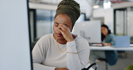 Poster - Call center, stress and black woman with headache working in customer support, sales or crm. Burnout, woman and worker suffer pain, migraine or frustration, anxiety and pressure in customer service