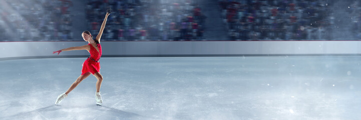 Beautiful girl in red dress, professional figure skater performing on dance competition, skating on 3D arena, ice rink. Graceful beauty. Concept of sport, achievements, championship, talent.