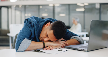 Poster - Businessman, yawning or desk sleeping in modern office, digital marketing startup or advertising branding company. Tired, fatigue or exhausted creative designer and laptop technology or bored burnout