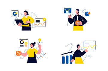 Aufkleber - Concept Sales performance with people four scenes in the flat cartoon design. Employees of business companies follow the change in sales.