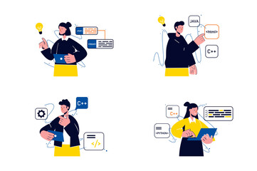 Aufkleber - Programming working concept with people four scenes in the flat cartoon style. Programmers make every effort to write correct code for a program.