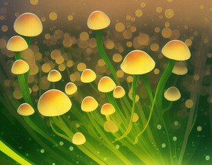 Wall Mural - Illustration of fantasy small yellow mushrooms with green stems. Warm lighting and bokeh. Generative AI.