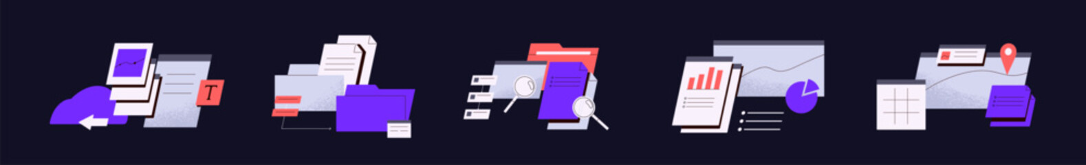 Poster - data transfer concept set. information storage in web files, folders. electronic business documents 