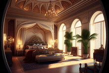 Luxury Oriental Arab Hotel Room, Generative AI Illustration