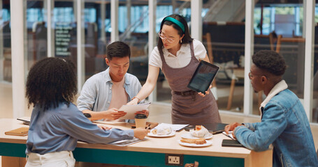 Poster - Diversity students, restaurant and team with tablet working on collaboration project at shopping mall cafe store. retail coffee shop meeting, teamwork or digital report presentation from girl speaker