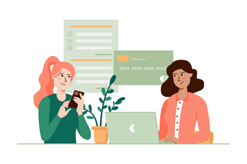 Aufkleber - Electronic receipt green concept with people scene in the flat cartoon style. Employee at the reception registers the client and enters him into the electronic list.