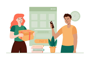 Aufkleber - Green concept e-payment with people scene in the flat cartoon design. Man want to pay for the parcel at the post office through a bank transfer.