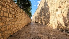 Jerusalem-israel. 16-01-2023. The Walls Of The Old City Of Jerusalem, A Low Angle View With A Wide Lens