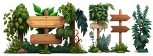 Wooden Signboards In Jungle. Wood Board With Tropic Leaves, Moss And Liana Plants For Game Ui. Jungle Wood Banner,, Wooden Pointing In Green Leaves. Vector Illustration On White Background