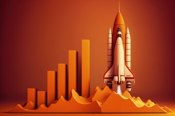 Rocket ship illustration with bar chart, orange background. Generative AI