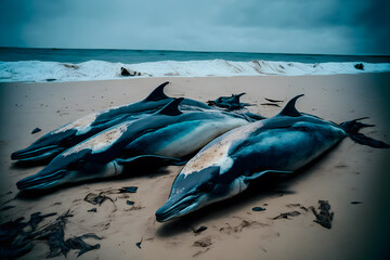 dead dolphin lies on beach. environmental disaster concept. generative ai technology.