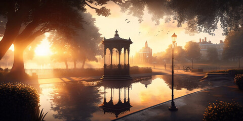 Wall Mural - A gazebo on the banks of a pond in the city park at sunset - AI generative