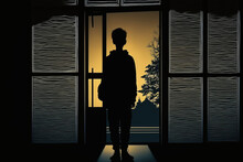 Silhouette Of A Boy In Yellow Window , Ai Generated
