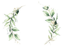 Arrangement Frame With Green Branches And Leaves And Golden Graphic Elements. Watercolor Painted Floral Wreath. Cut Out Hand Drawn PNG Illustration On Transparent Background. Isolated Clipart.