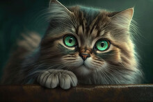 Gray Tabby Cat With Green Eyes , Ai Generated