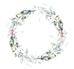 Wall Mural - Watercolor painted floral frame. Green and pink wreath with branches and leaves. Cut out hand drawn PNG illustration on transparent background. Watercolour isolated clipart drawing.