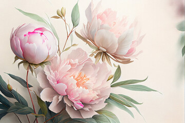 Wall Mural - Watercolor illustration light pink peony flower on a stem with buds. AI Generated