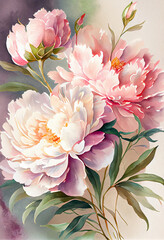 Wall Mural - Watercolor illustration light pink peony flower on a stem with buds. AI Generated