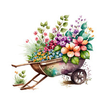 Vintage Spring  Florals On Wheelbarrow Watercolor Clipart Clipart Sublimation PNG Transparent Files,Generative AI